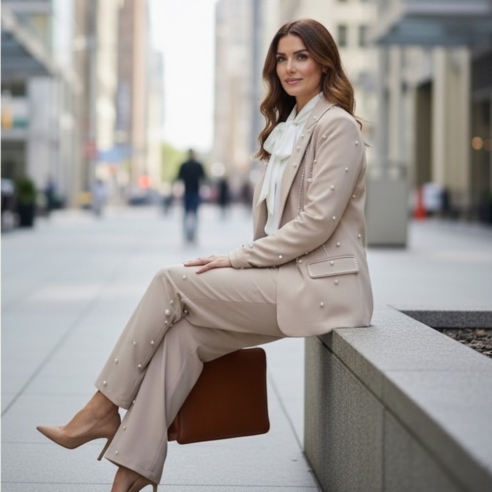 Pearl-Accent Wide-Leg Pant Suit in Tan, amazing quality! Chicways